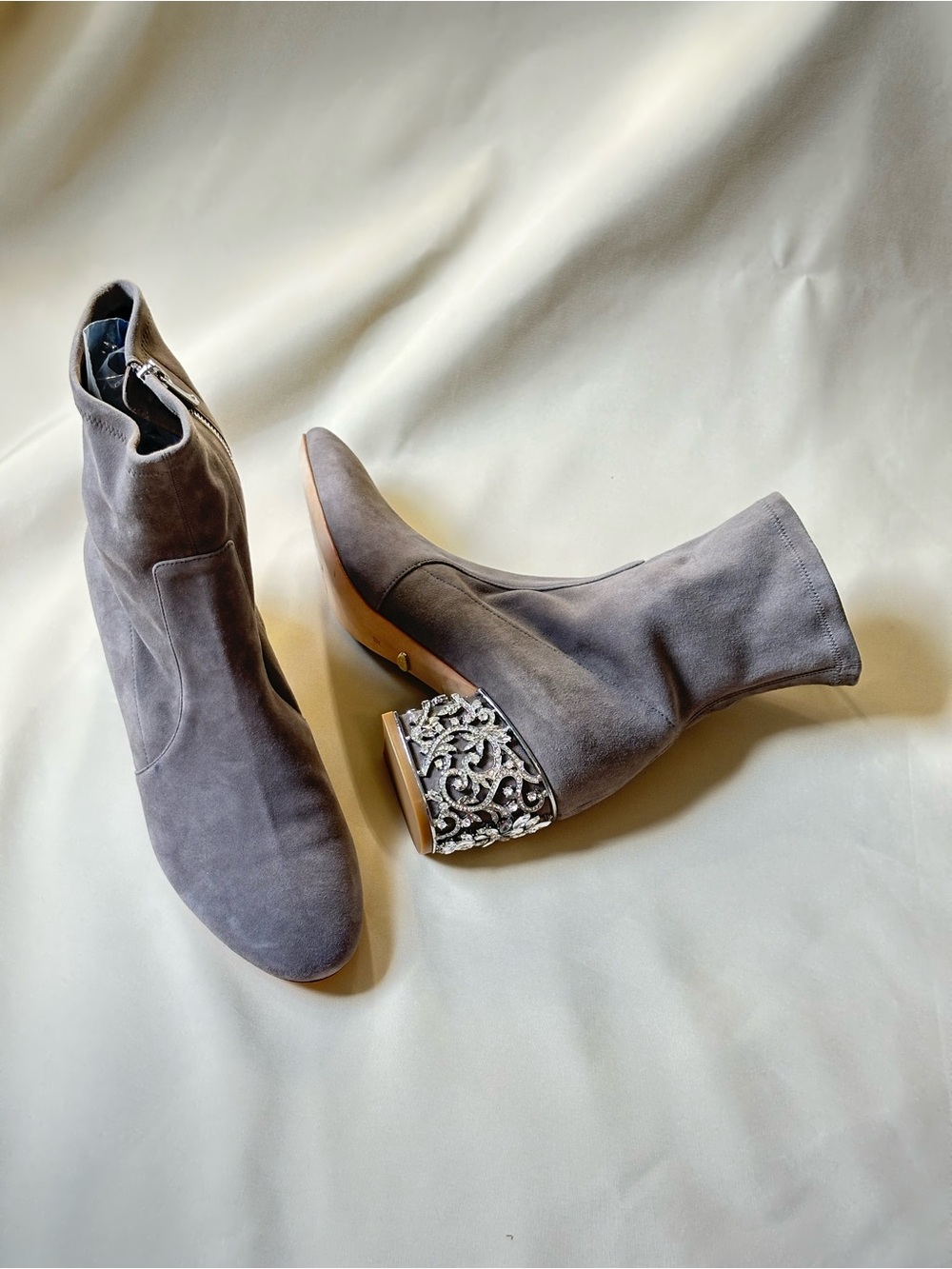 Badgley Mischka Gray Suede Ankle Boots with Jeweled Block Heels